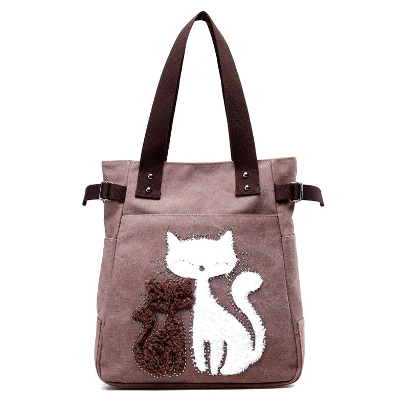 Women Canvas Bag With Cat Appliques