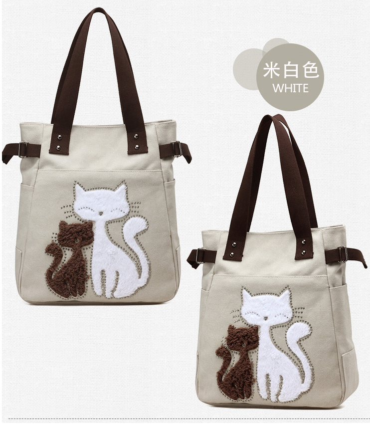 Women Canvas Bag With Cat Appliques