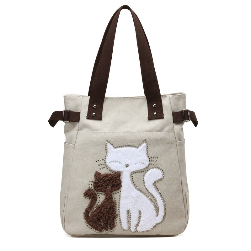 Women Canvas Bag With Cat Appliques