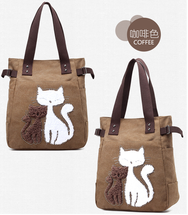 Women Canvas Bag With Cat Appliques