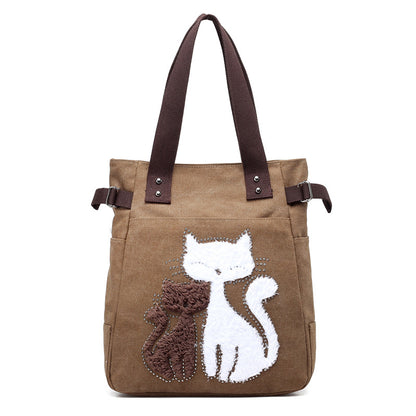 Women Canvas Bag With Cat Appliques