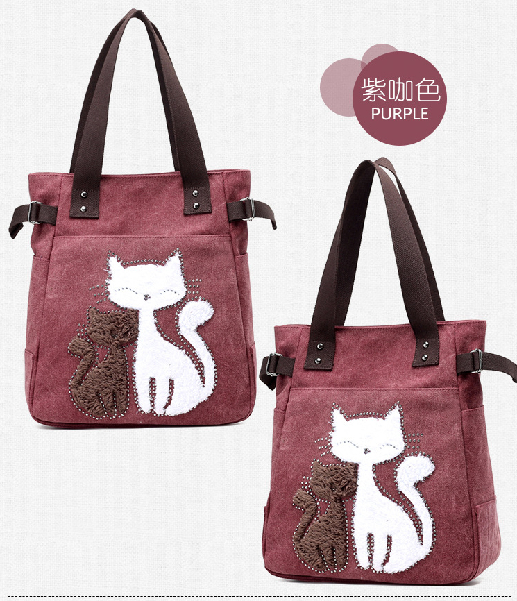 Women Canvas Bag With Cat Appliques