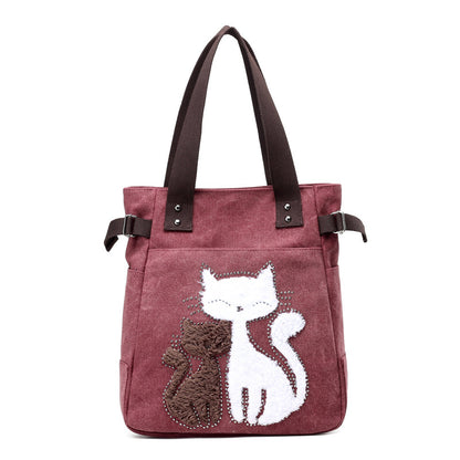 Women Canvas Bag With Cat Appliques