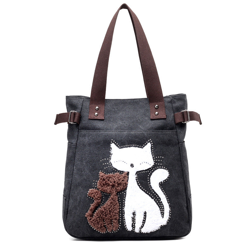 Women Canvas Bag With Cat Appliques