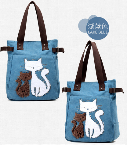 Women Canvas Bag With Cat Appliques