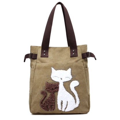 Women Canvas Bag With Cat Appliques