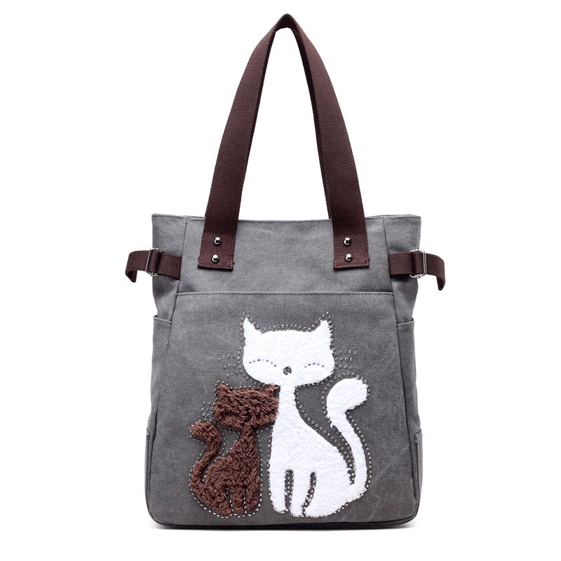 Women Canvas Bag With Cat Appliques