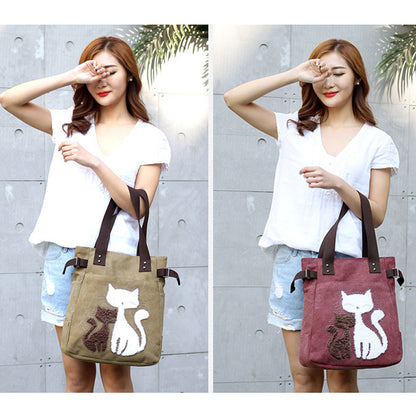 Women Canvas Bag With Cat Appliques