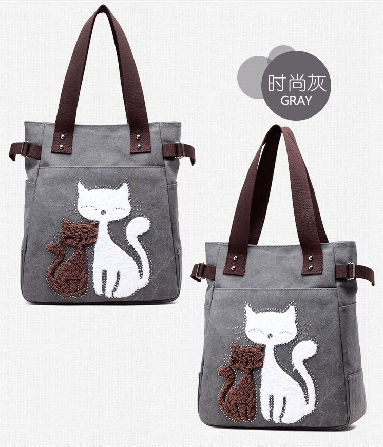 Women Canvas Bag With Cat Appliques