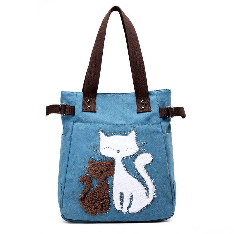 Women Canvas Bag With Cat Appliques